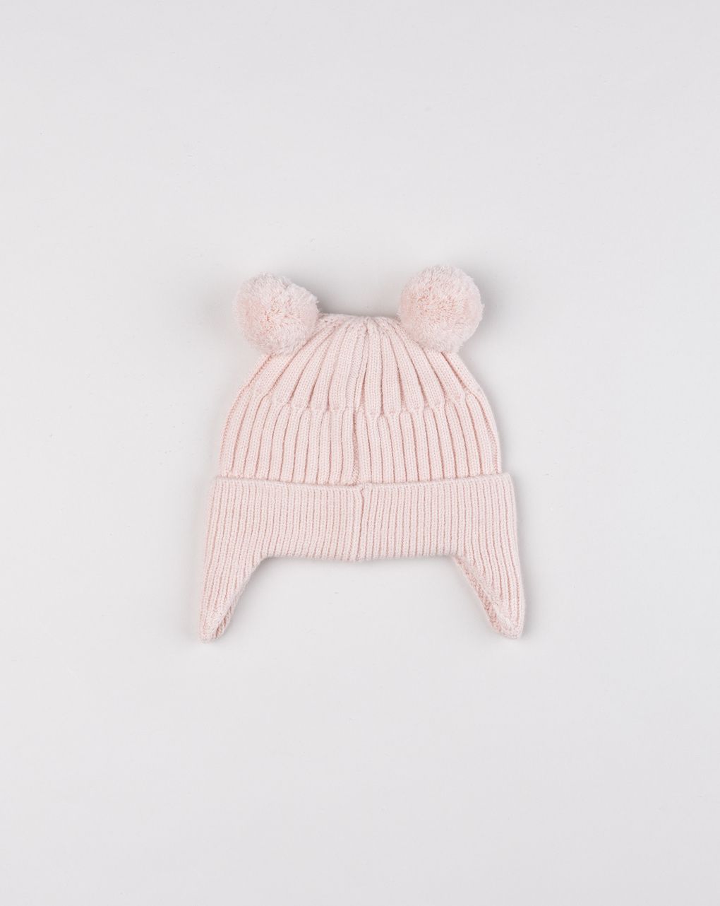 Cappellino  neonata in maglia rosa con doppi pompon