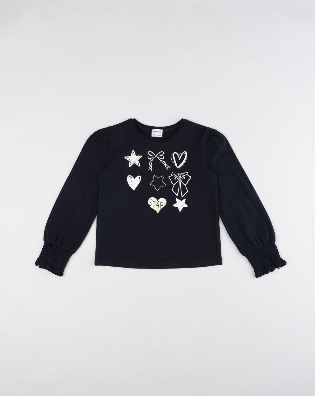 T-shirt bambina blu scuro con grafiche e polsini a nido d'ape