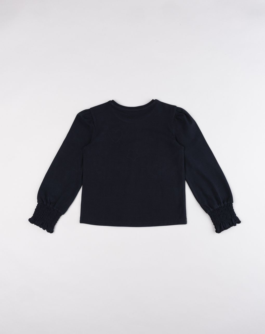 T-shirt bambina blu scuro con grafiche e polsini a nido d'ape