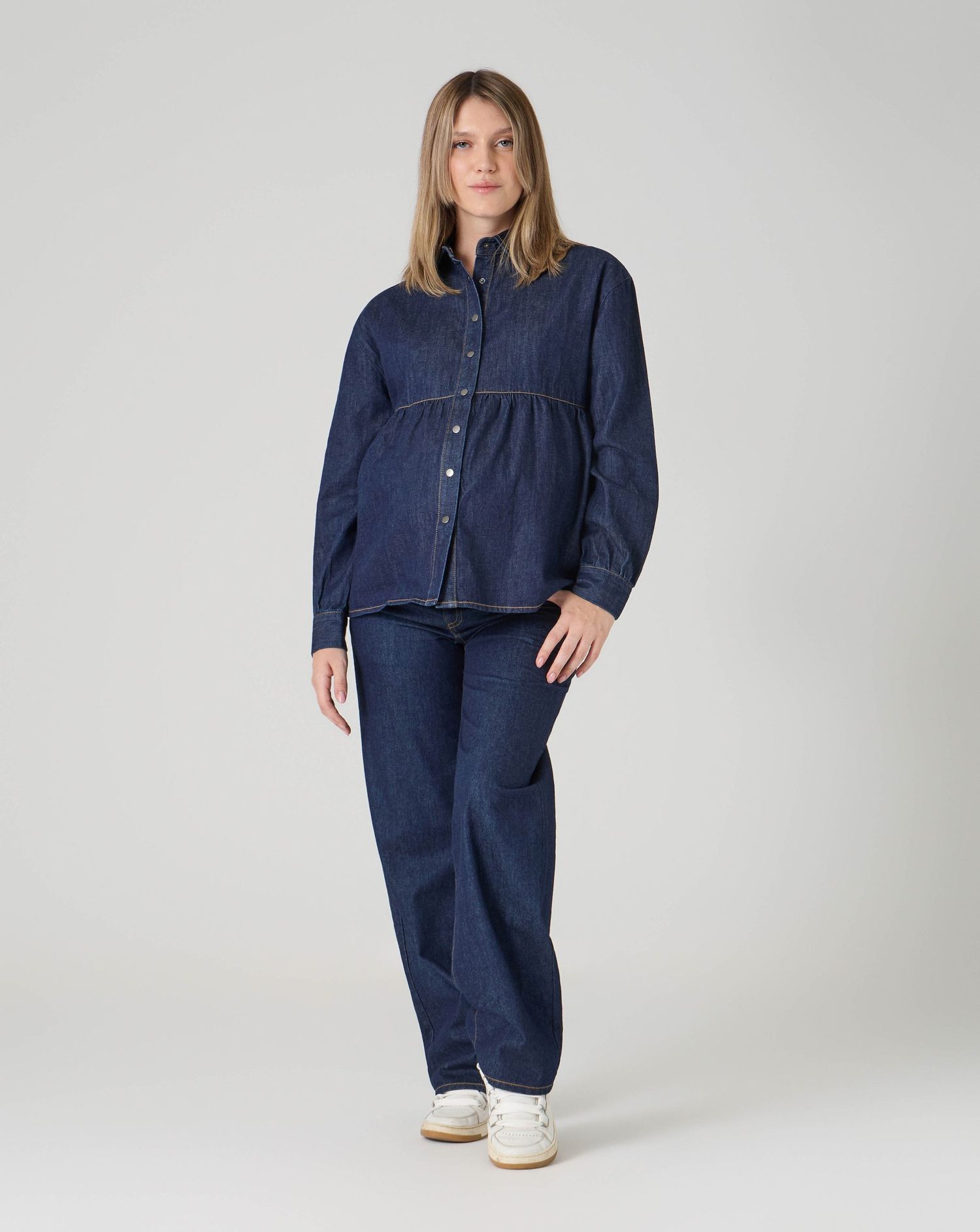Pantaloni jeans premaman a gamba larga con fascia premaman blu denim scuro