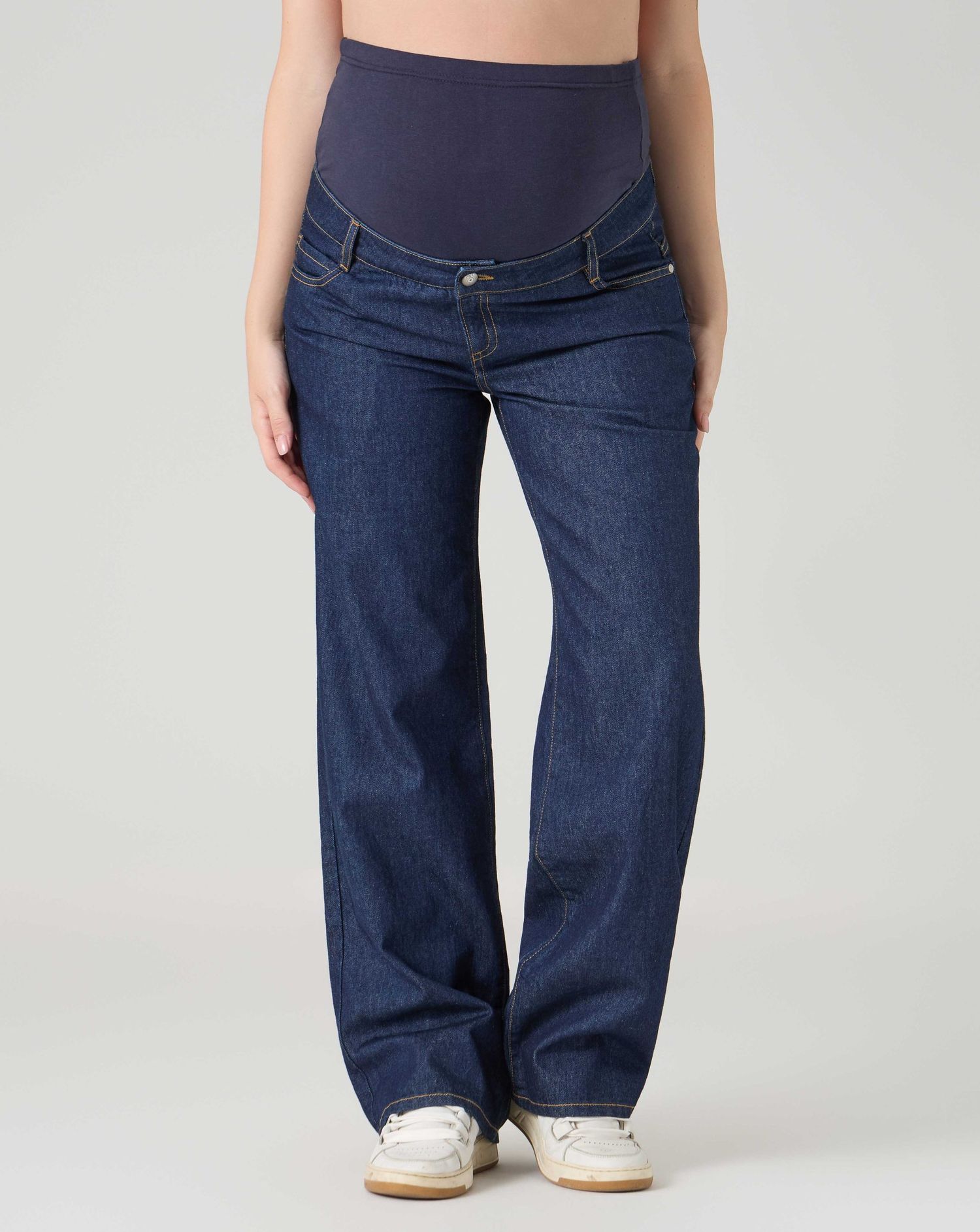Pantaloni jeans premaman a gamba larga con fascia premaman blu denim scuro