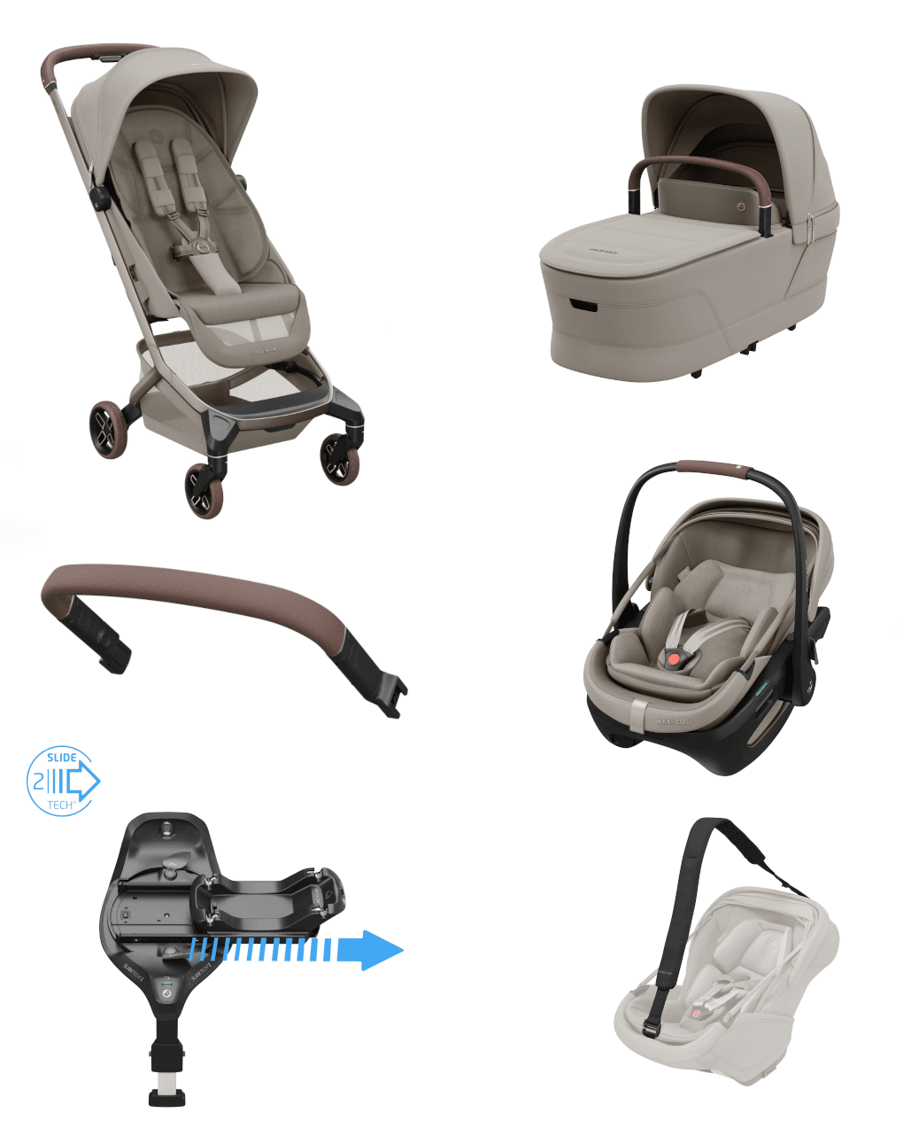 Passeggino fame cabin shappire sand + corrimano + navicella + seggiolino reclinabile coral slide pro + base familyfix + tracolla - maxi cosi