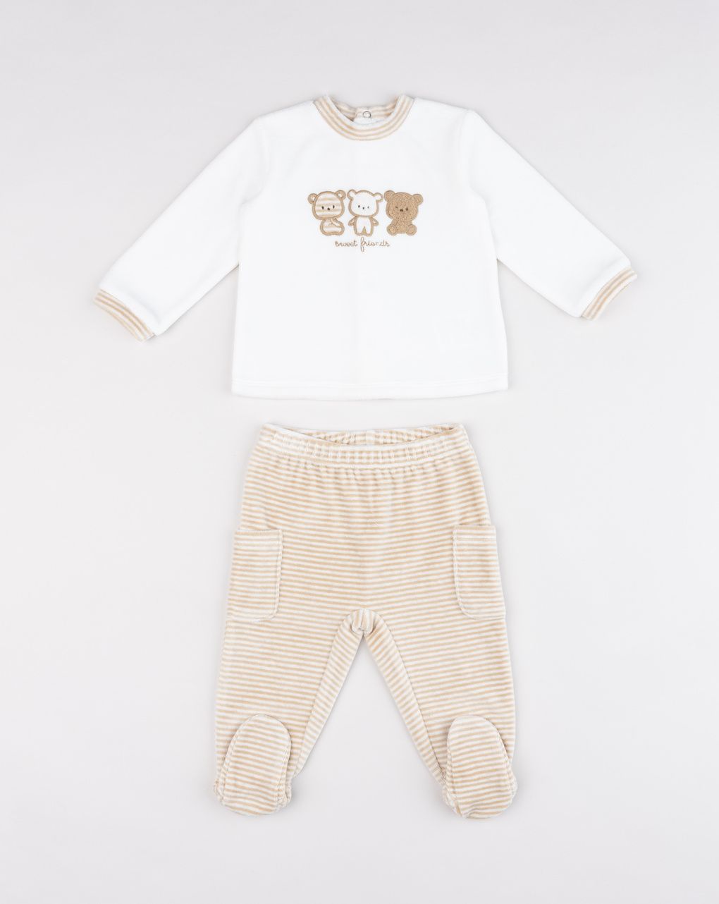 Completo bimbo in ciniglia beige/panna orsetti