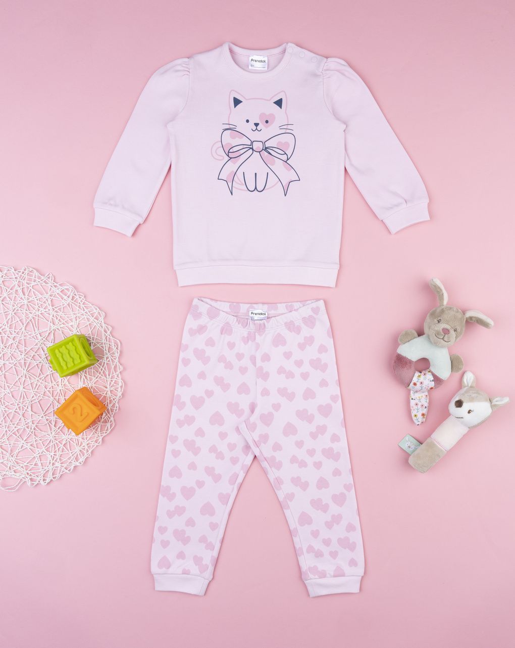 Pigiama bimba rosa cuori e gatto