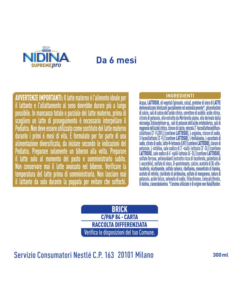 Nidina supremepro 2 latte di proseguimento liquido da 6 mesi brick da 300ml - nestle'
