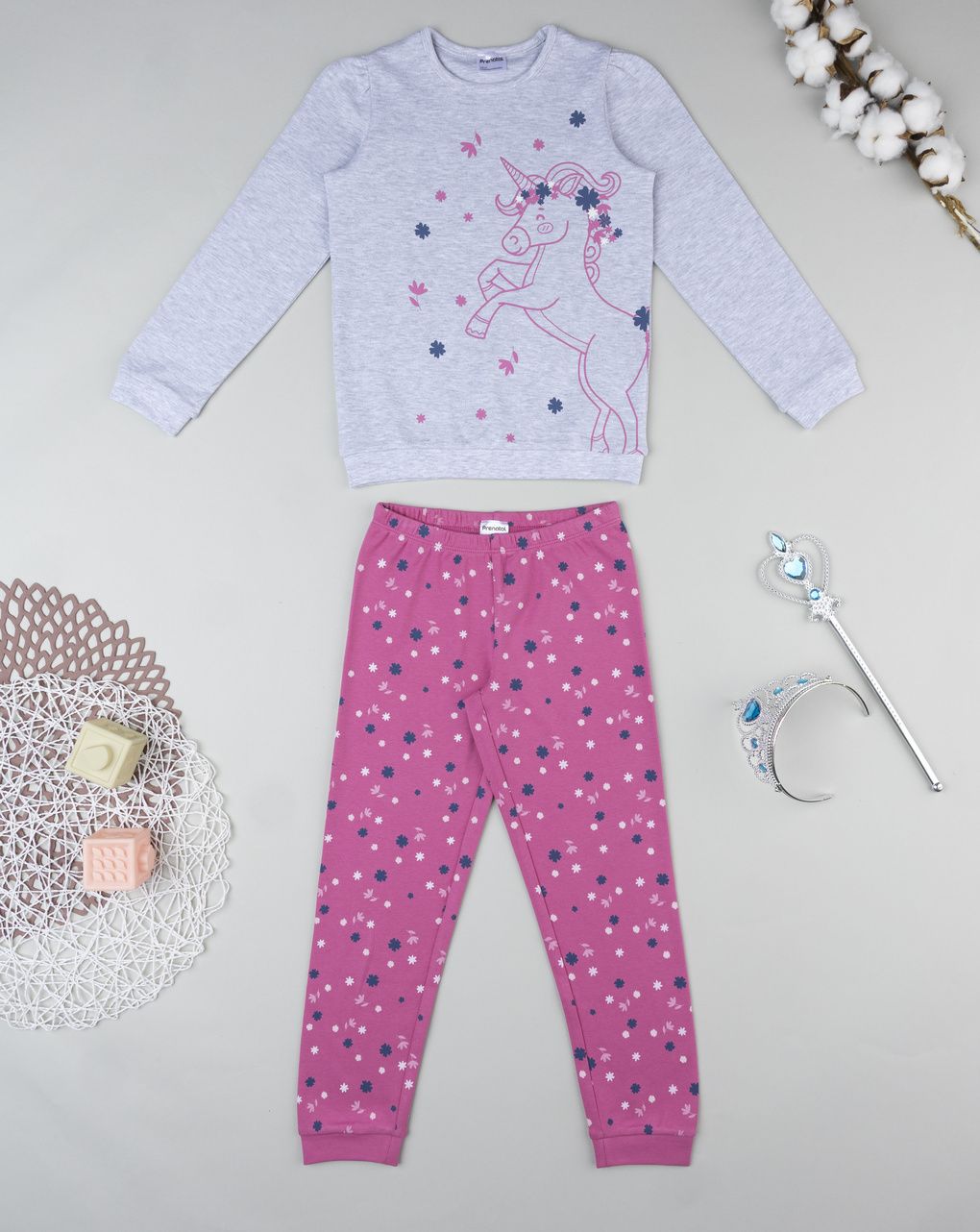 Pigiama leggero bambina grigio/fucsia unicorno