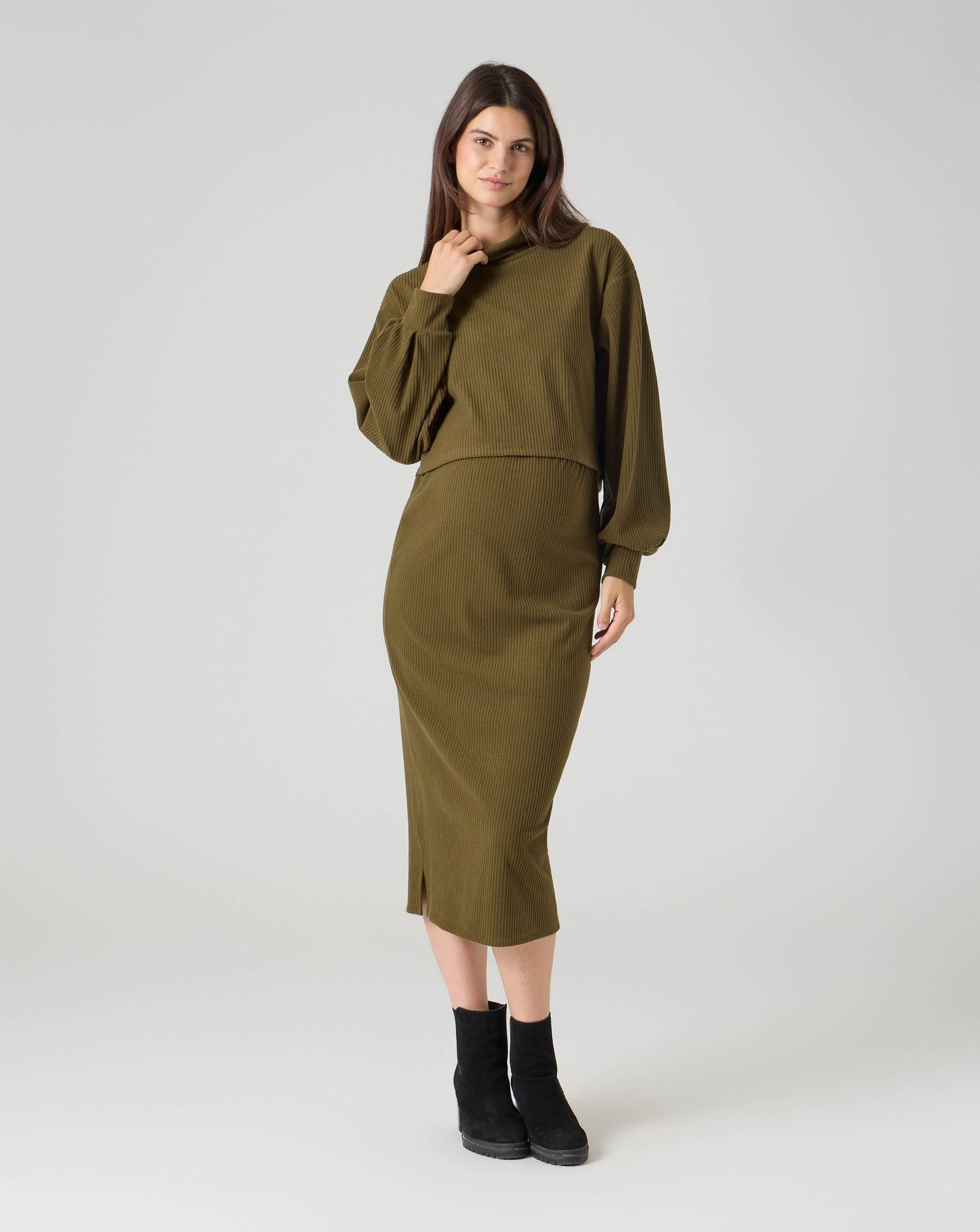 Set premaman felpa e gonna rib fake tricot verde militare
