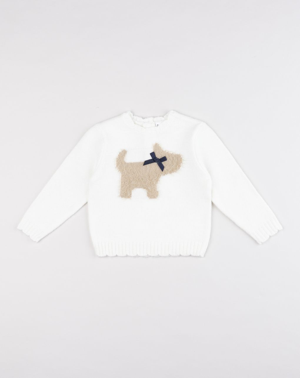Maglia tricot bianca bimba cane e bordo smerlato