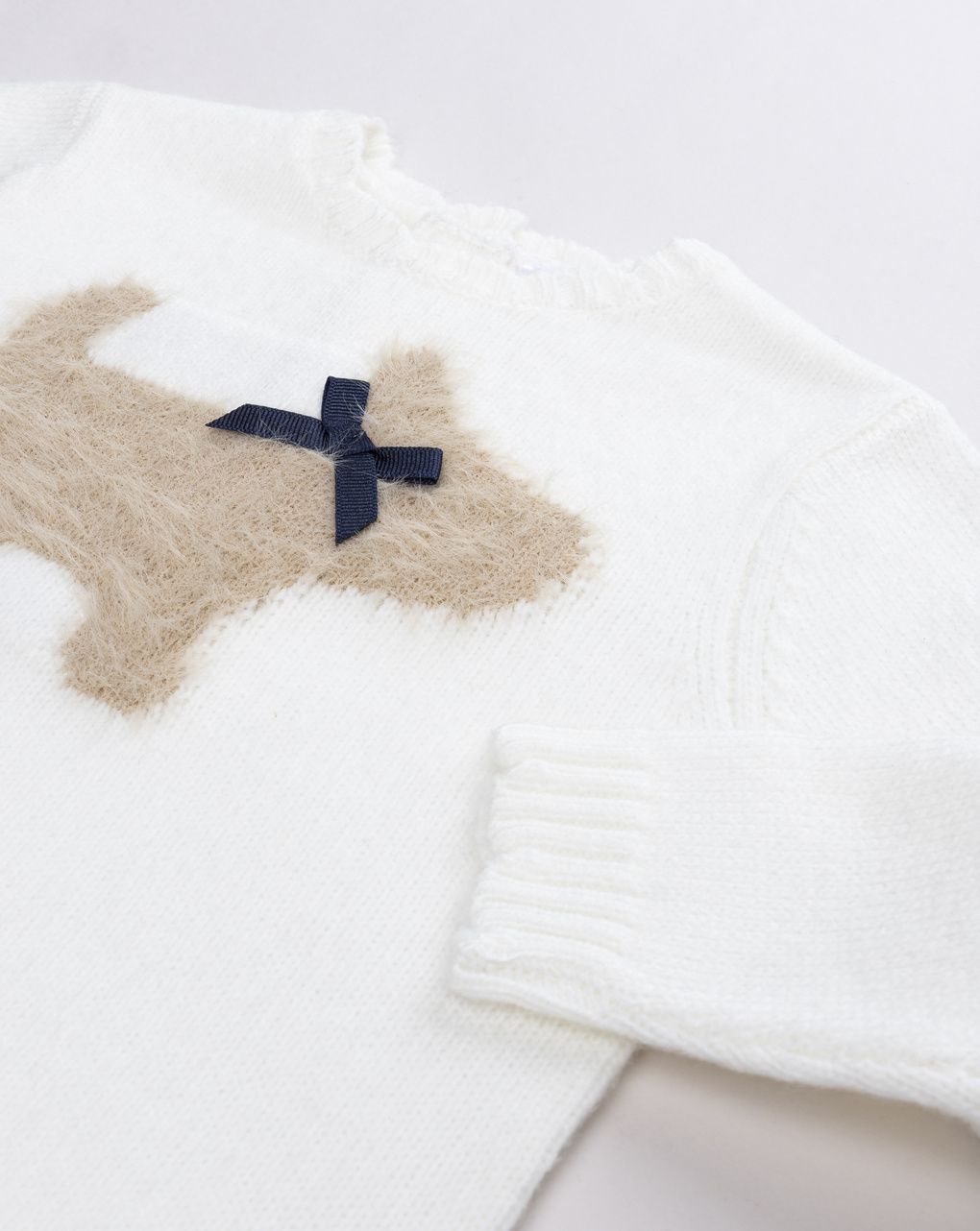 Maglia tricot bianca bimba cane e bordo smerlato