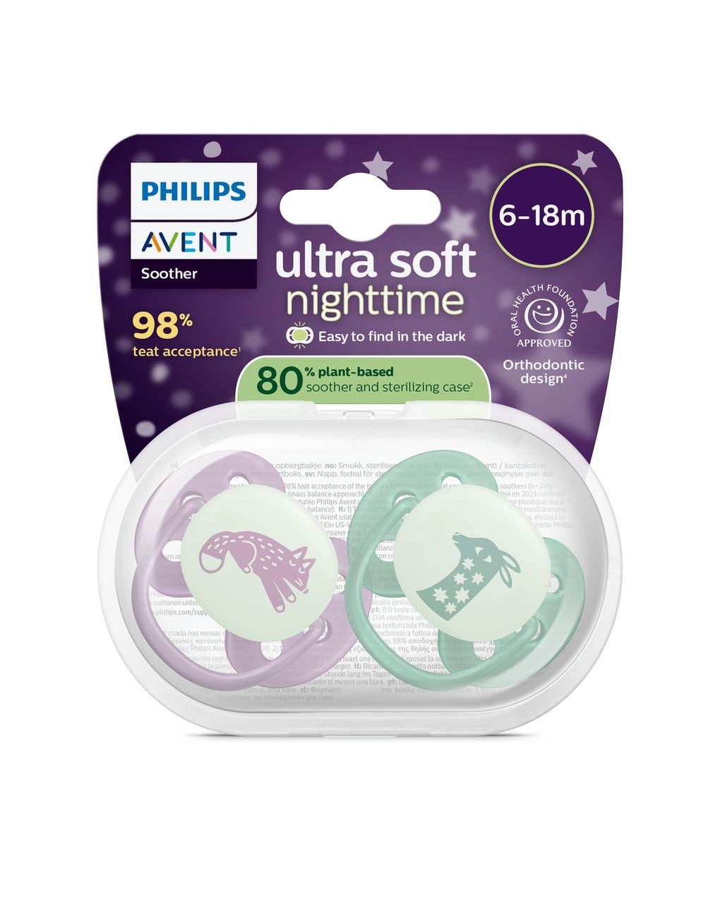 Succhietto ultra soft notte 0-6m cappuccio fluorescente no bpa per pelli sensibili- philips avent