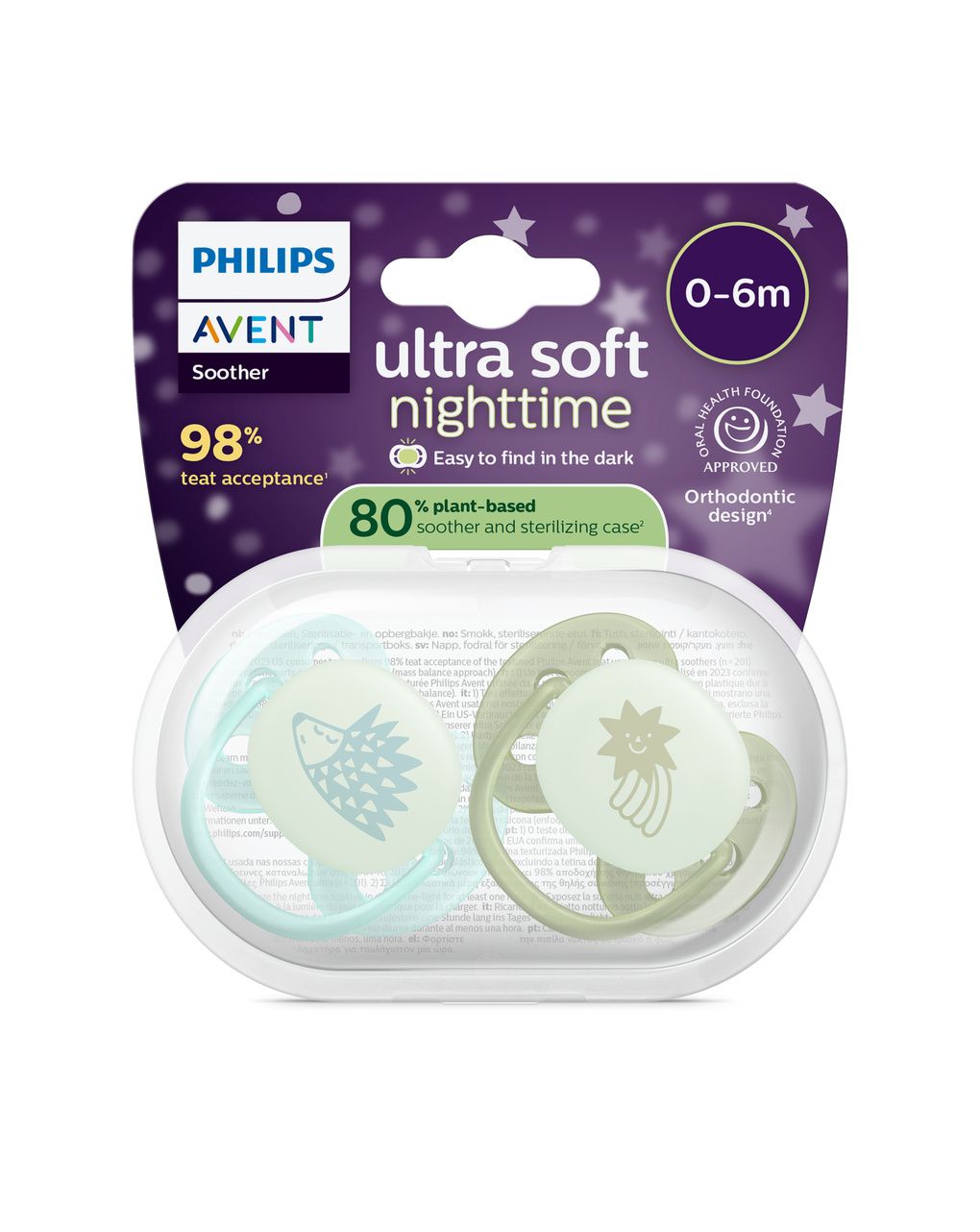 Succhietto ultra soft notte 0-6m cappuccio fluorescente no bpa per pelli sensibili - philips avent