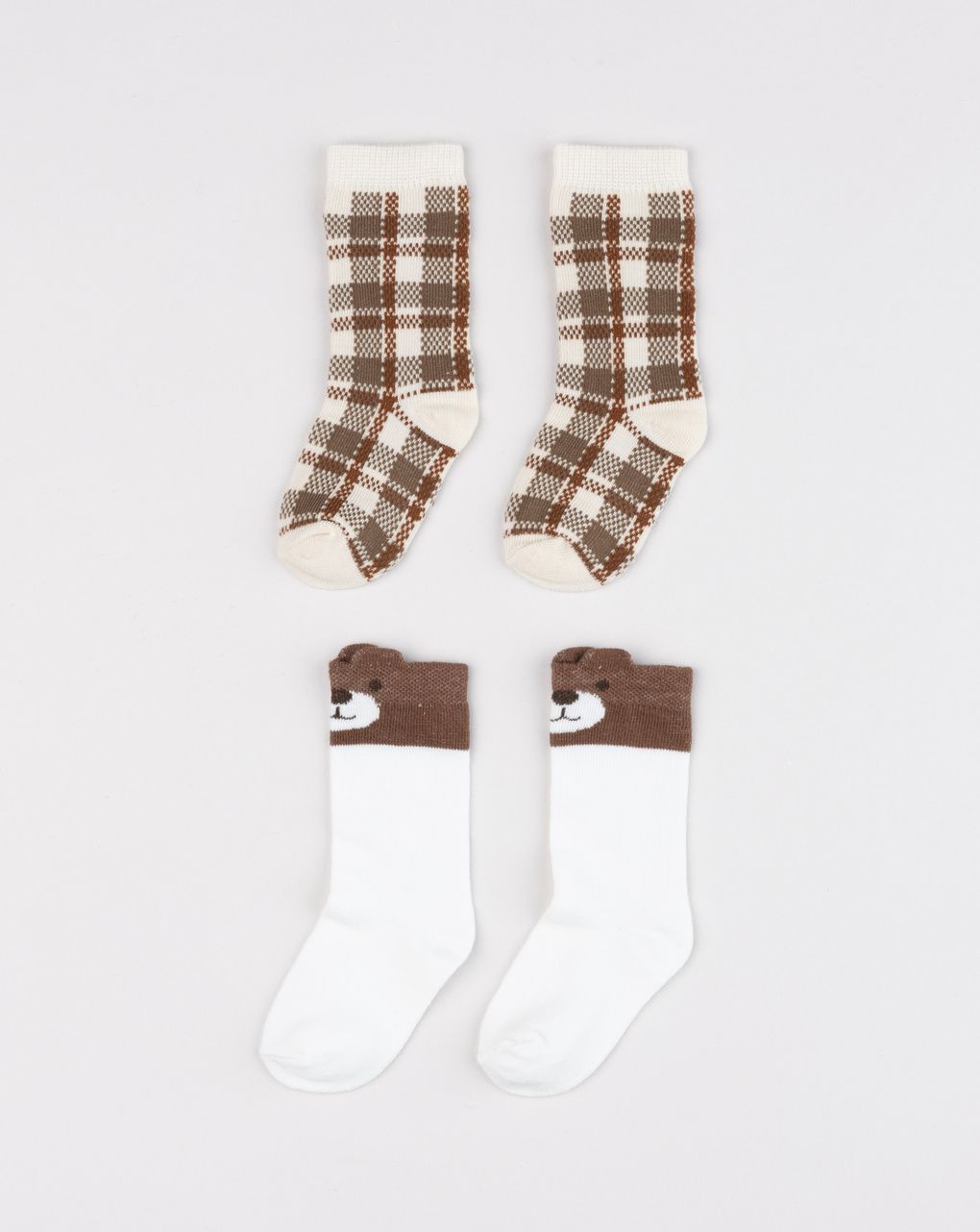 Set 2 paia di calze bambino bianco/marrone quadri e orsetti