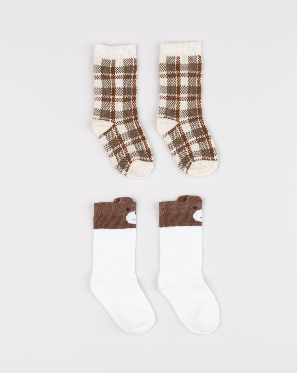 Set 2 paia di calze bambino bianco/marrone quadri e orsetti