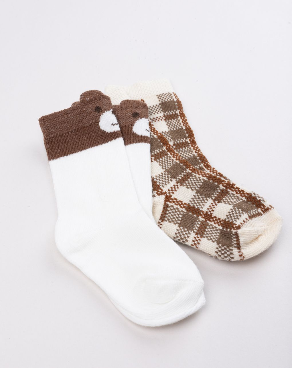 Set 2 paia di calze bambino bianco/marrone quadri e orsetti
