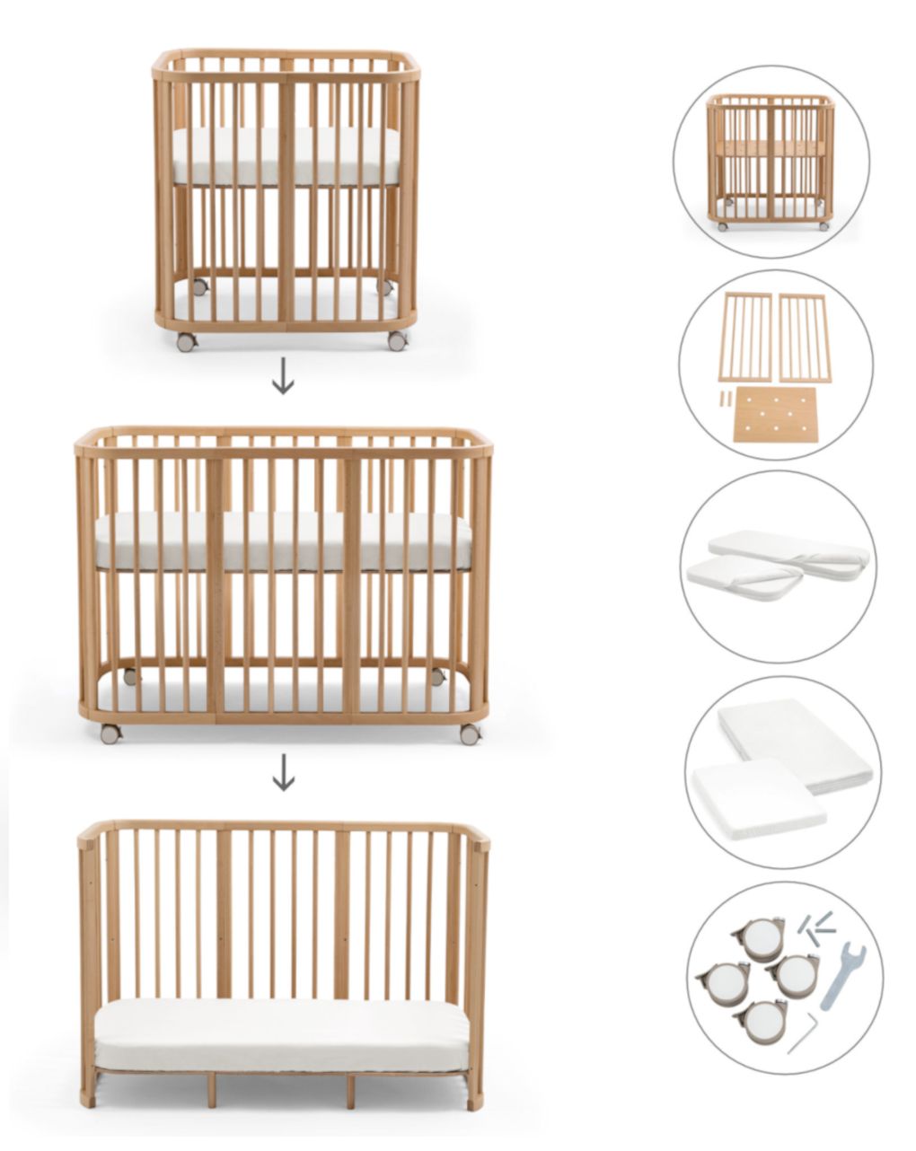 Culla nighti™ mini natural + materasso mini bianco + kit di estensione + materasso + ruote + 2 lenzuola con angoli - stokke®