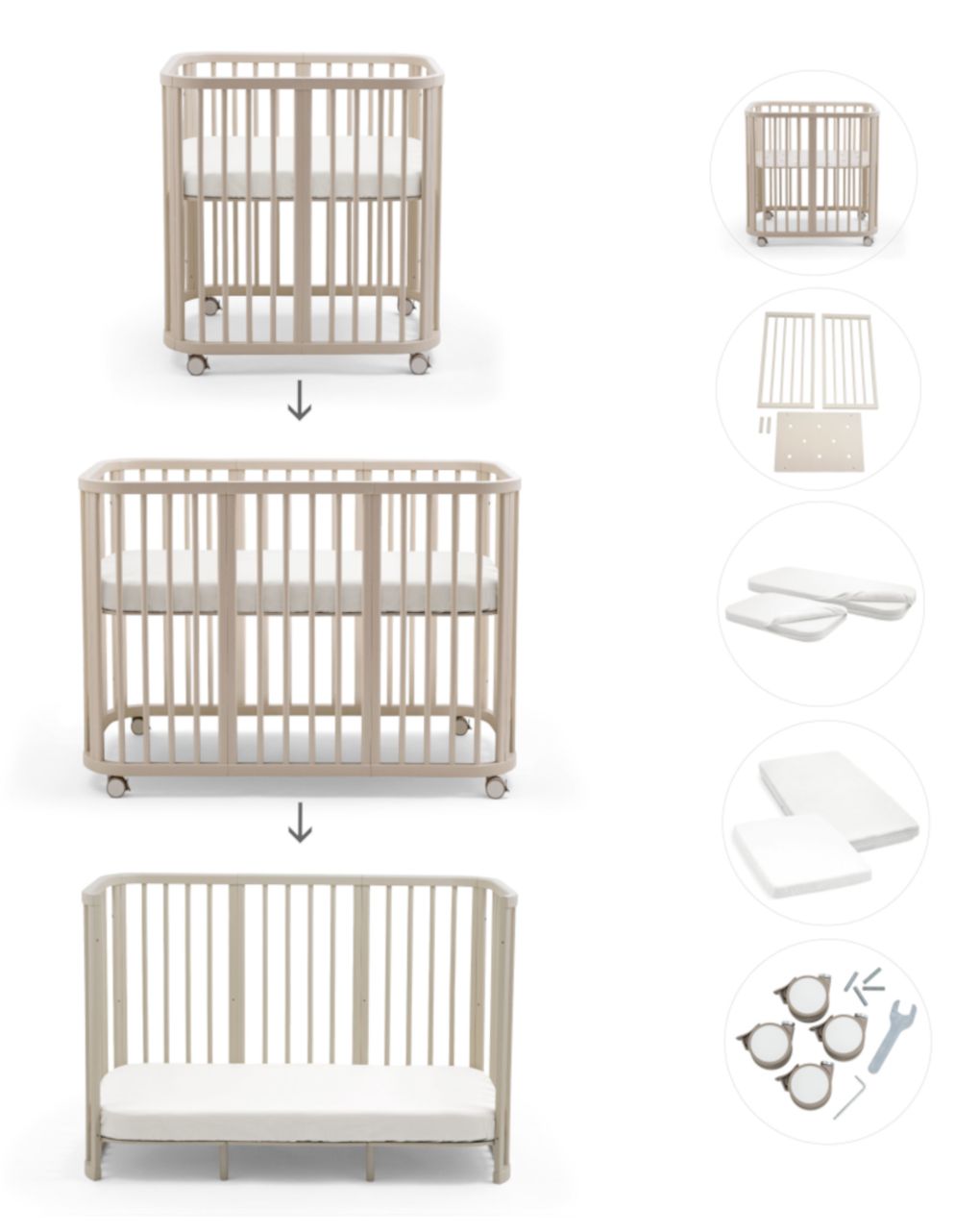 Culla nighti™ mini vanilla white + materasso mini bianco + kit di estensione + materasso + ruote + 2 lenzuola con angoli - stokke®