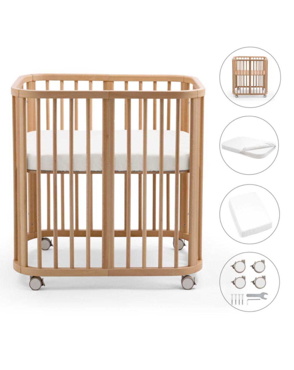 Culla nighti™ mini natural + materasso mini bianco + ruote + lenzuolo con angoli - stokke®
