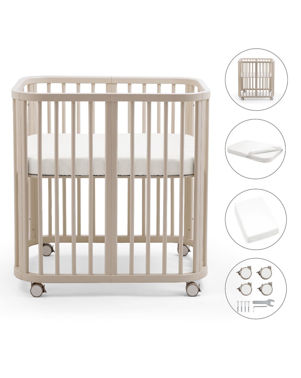 Culla nighti™ mini vanilla white + materasso mini bianco + ruote + lenzuolo con angoli - stokke®