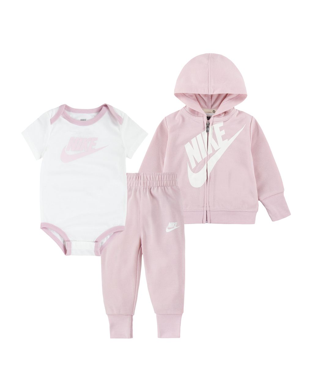 Completo 3 pezzi nike bimba con felpa, body e pantaloni (rosa/bianco)