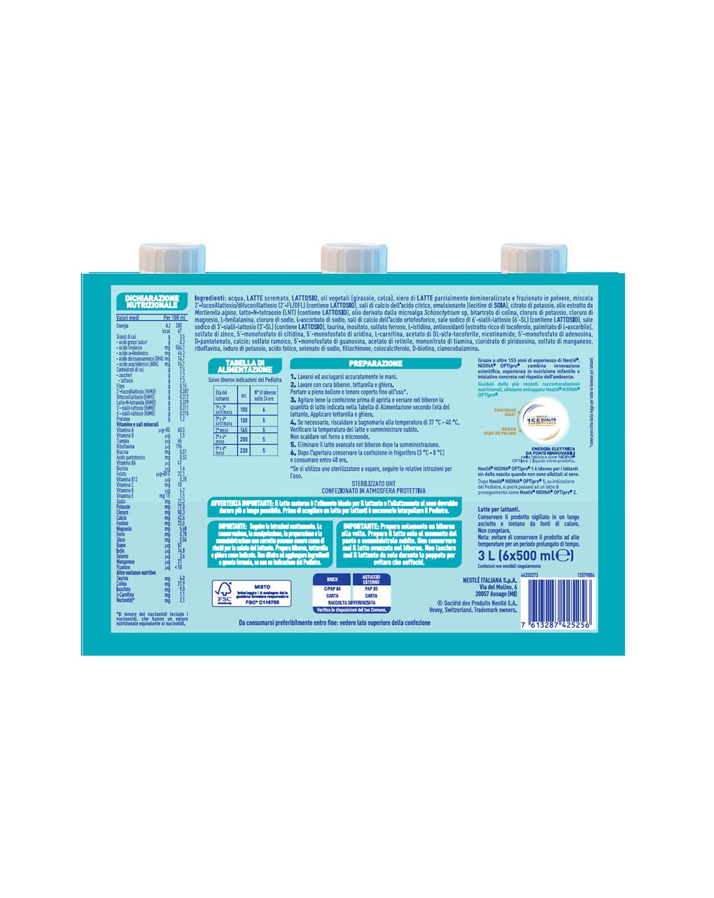 Nidina optipro 1 latte per lattanti liquido dalla nascita, 6 brick da 500ml (3l) - nestlé