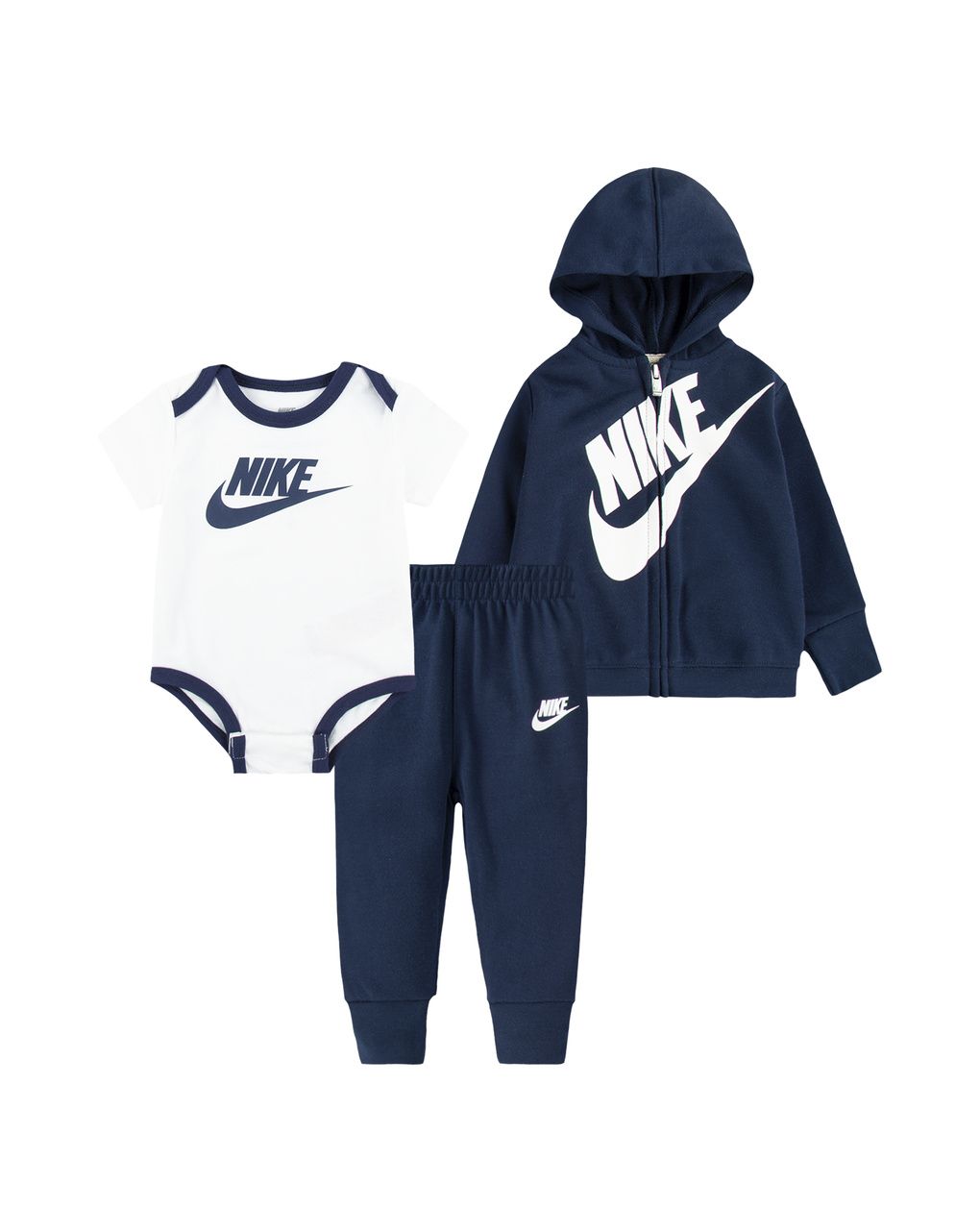 Completo 3 pezzi nike bimbo con felpa, body e pantaloni (blu navy/bianco)