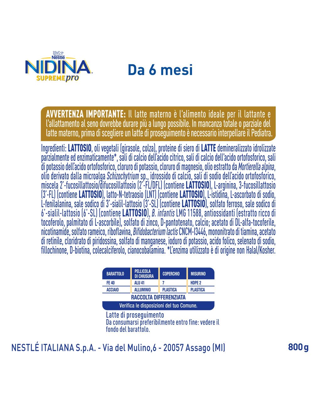 Nidina supremepro 2 latte di proseguimento in polvere da 6 mesi, latta 800g - nestle nidina