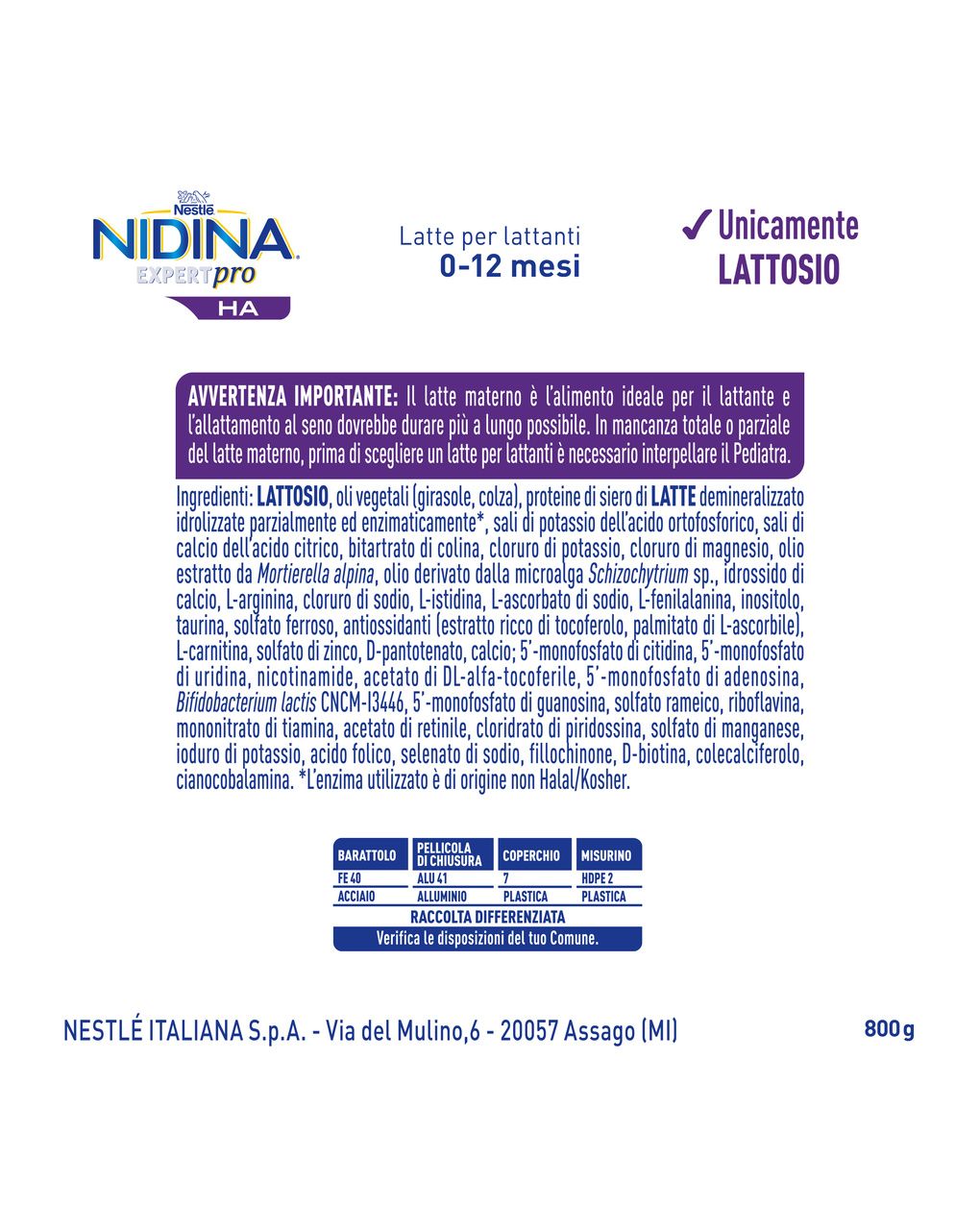 Nidina expertpro ha latte per lattanti polvere dalla nascita, latta 800g - nestle nidina