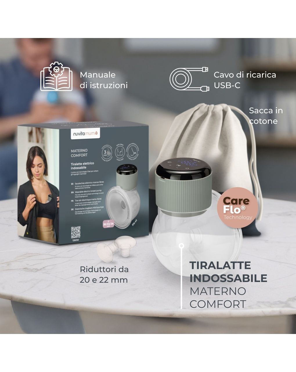 Tiralatte elettrico indossabile singolo materno comfort a 3 fasi - 1260w - nuvita