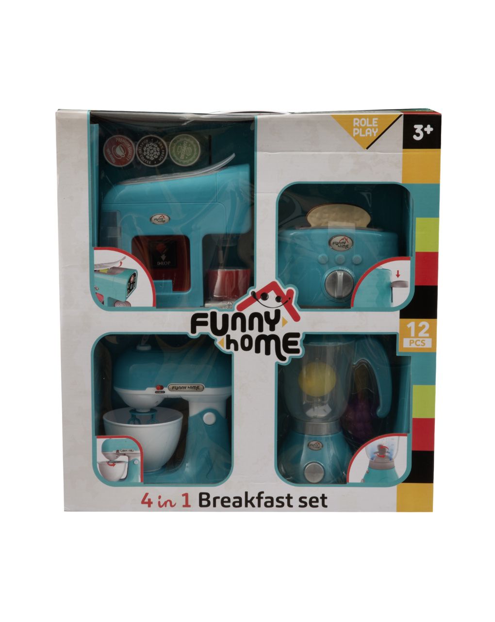 4 in 1 breakfast set per cucina giocattolo – include caffettiera, tostapane, frullatore e planetaria – funny home